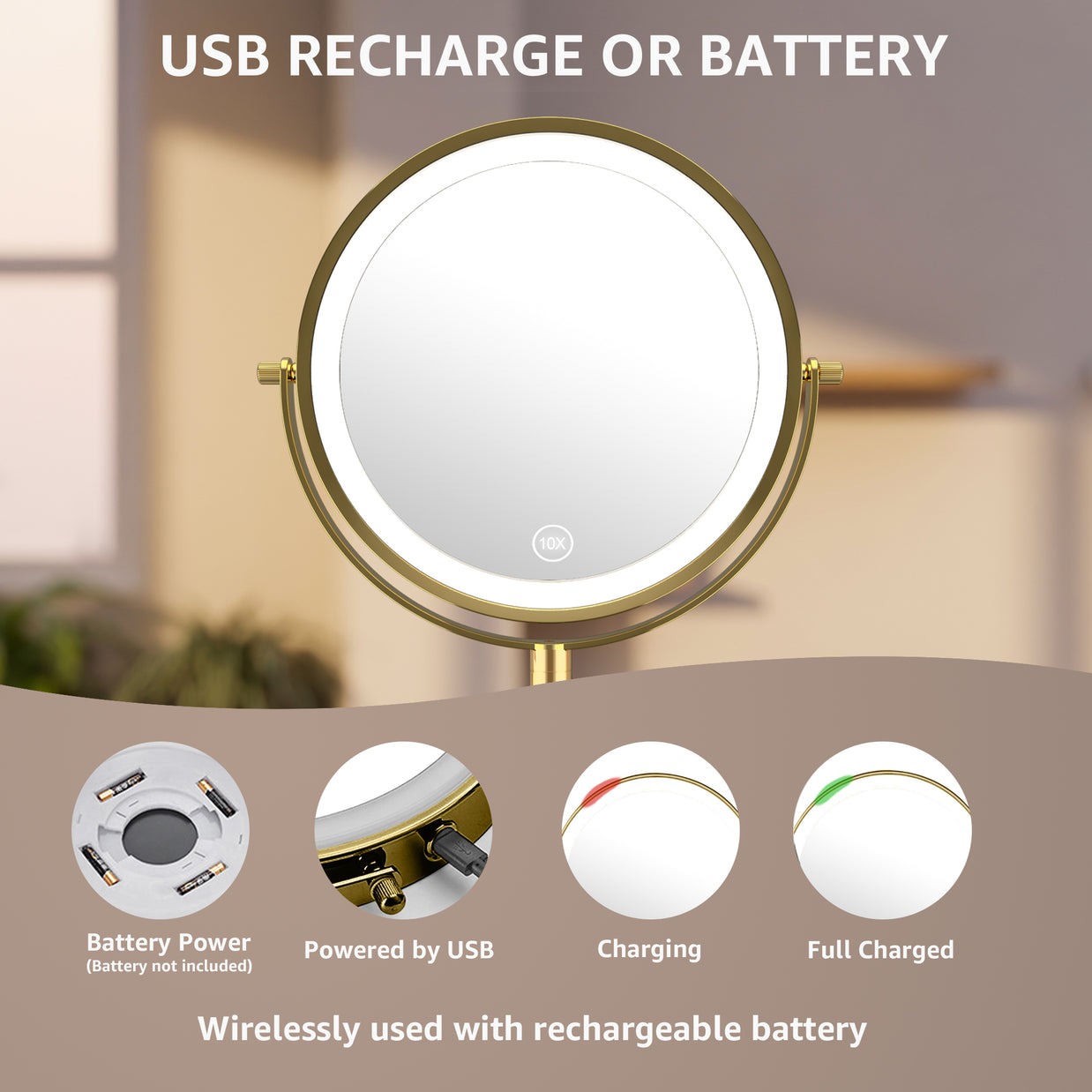 YULIKA Round Led Metal Wall Mirror 10x Magnification Makeup Mirror, Plug-In