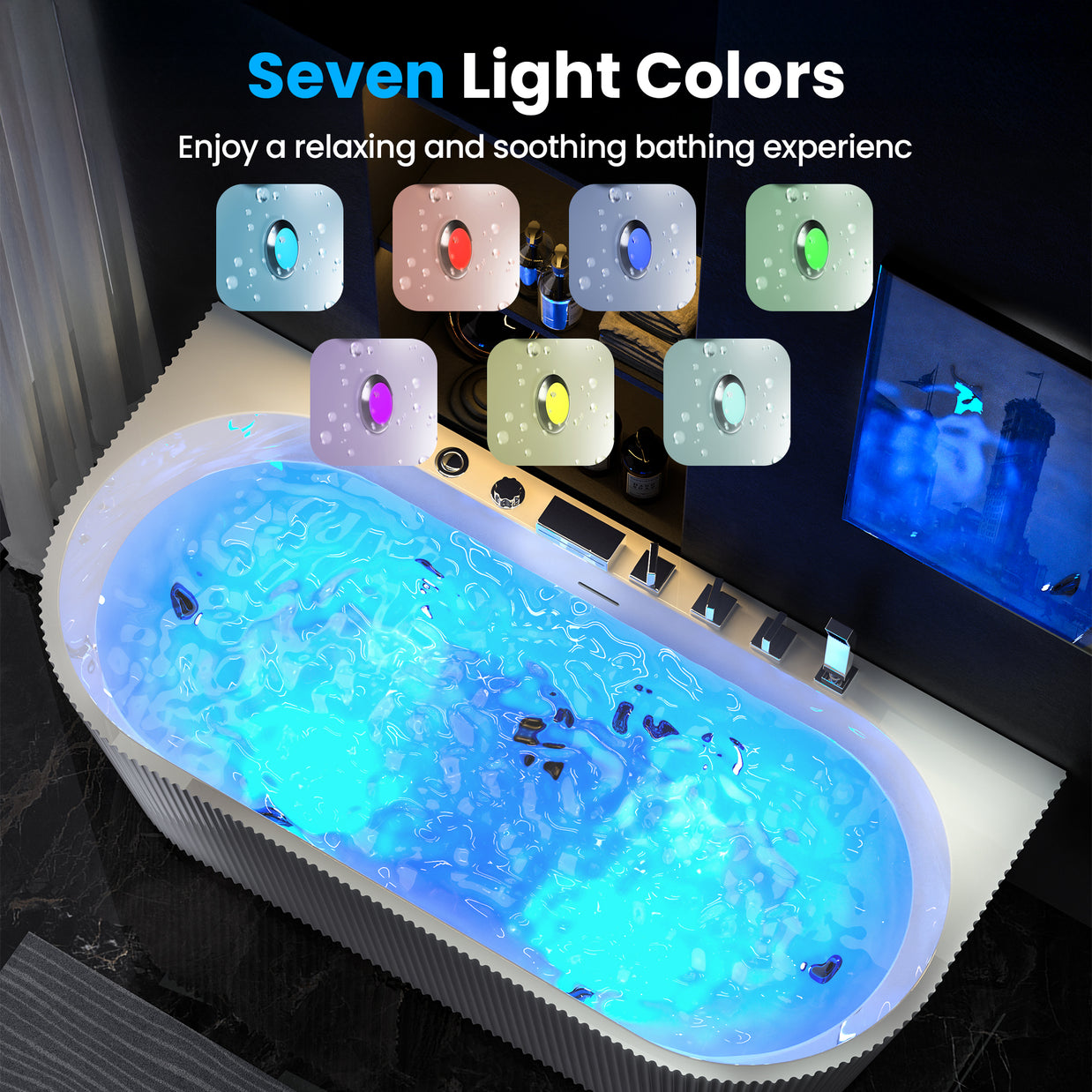Freestanding Whirlpool Bathtub 67" x 31.5" – Acrylic Soaking Tub with Adjustable Massage Jets, 7-Color LED Lights & Faucet (BT520FL-WH)