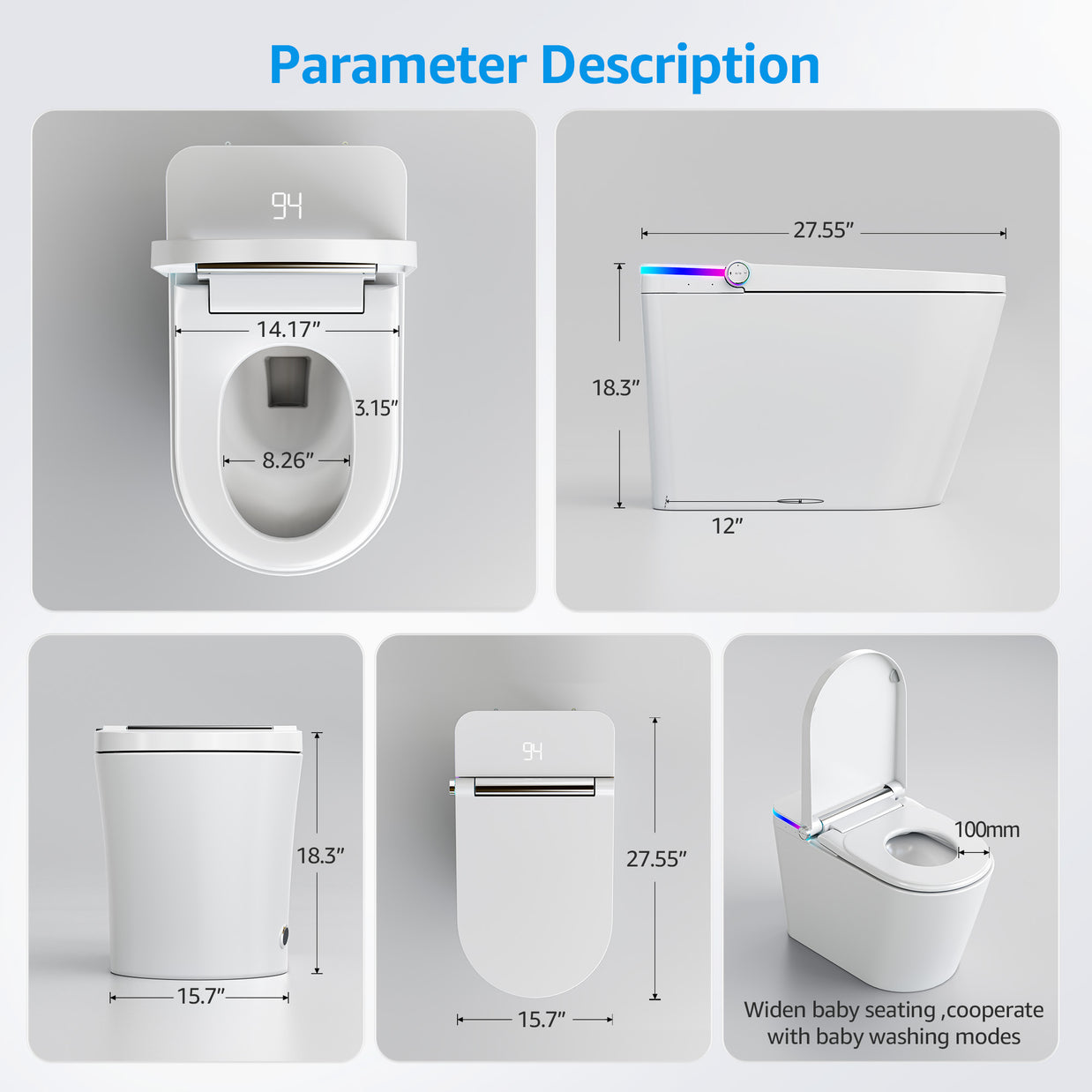 YULIKA-U5 Muti-Color LED Light Elongated Floor Mounted Bidet Toilet One-piece Smart Toilet with Warmed Seat & Warm Air Drying & Cleaning Function