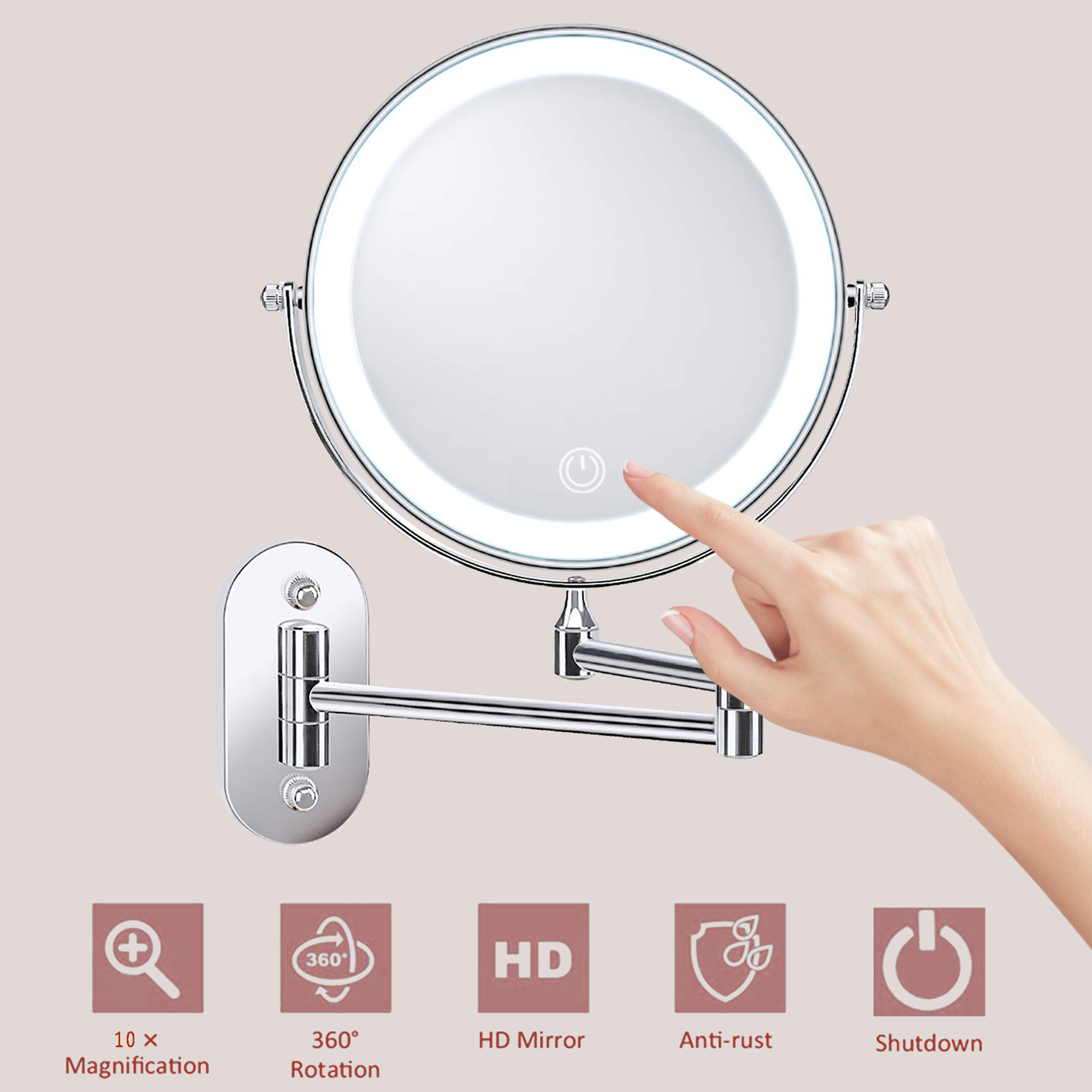 YULIKA Round LED Metal Wall Mirror with 10x Magnification & Charging Function ¨C Makeup Mirror