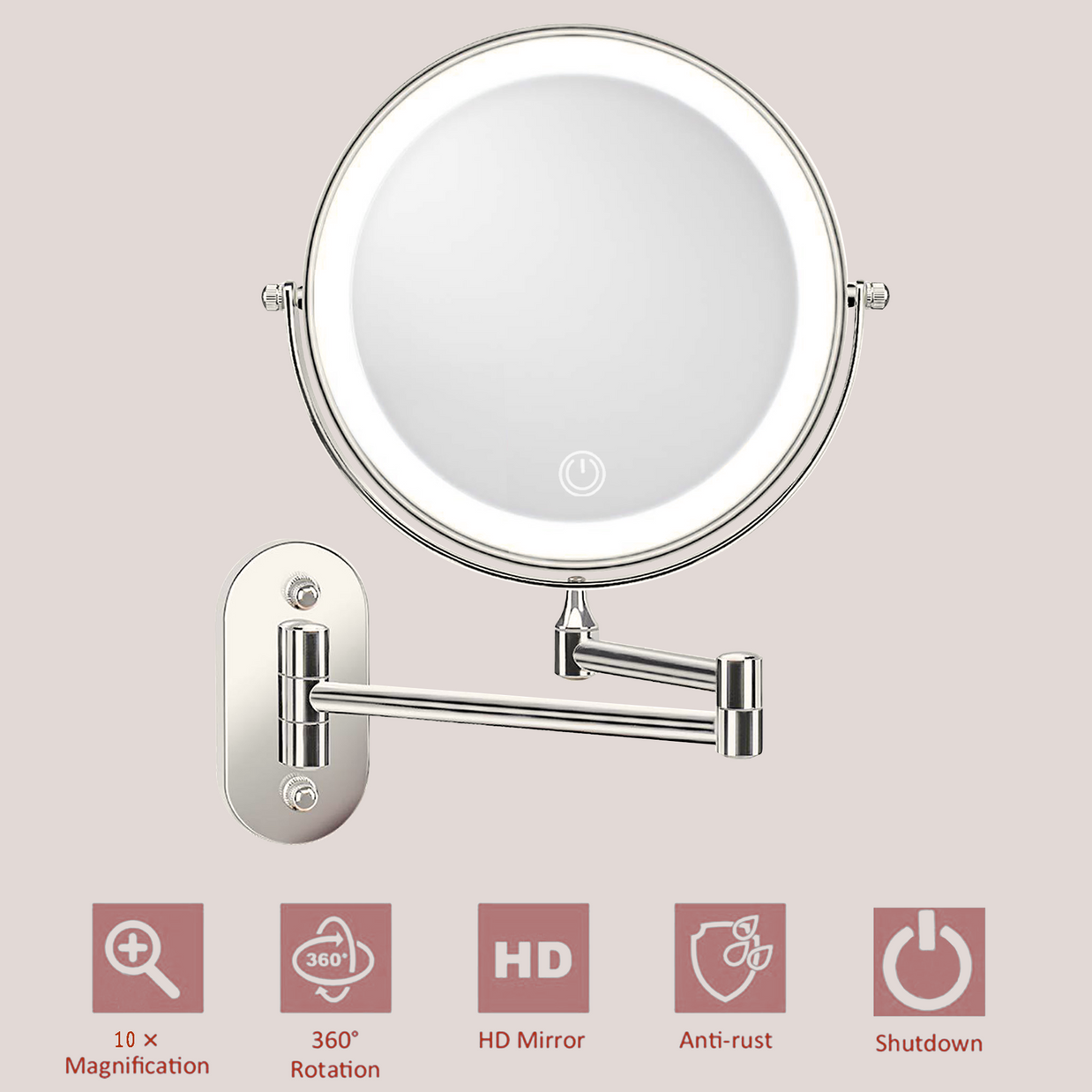 YULIKA Round LED Metal Wall Mirror with 10x Magnification & Charging Function ¨C Makeup Mirror