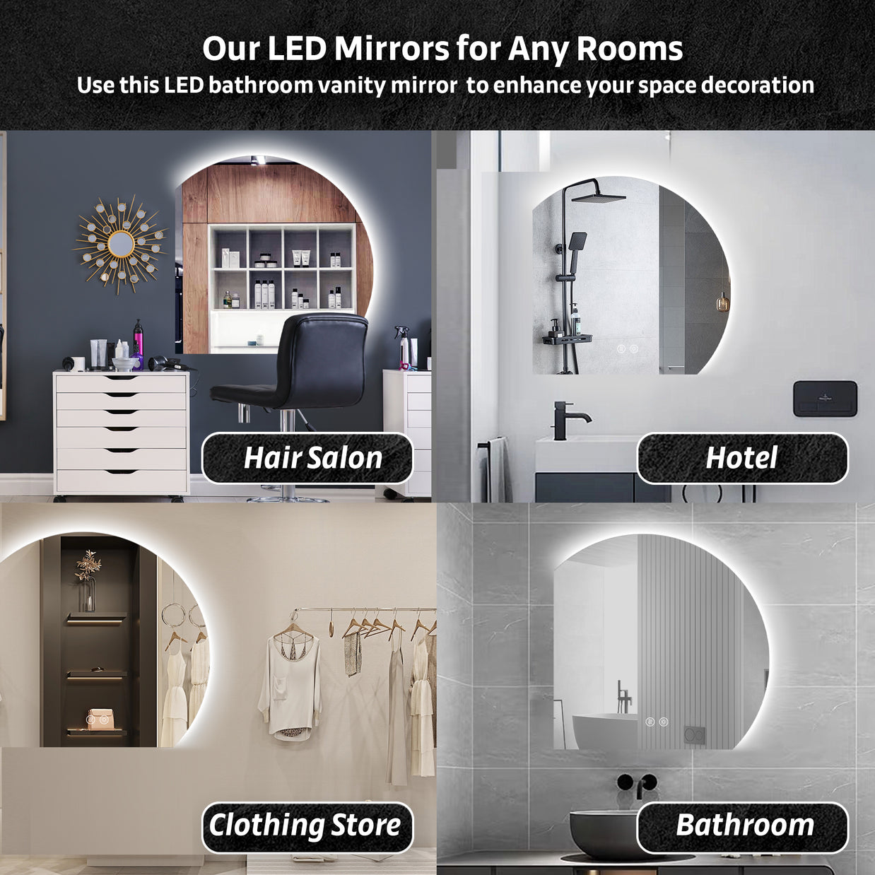 YULIKA Wall Mounted Dimmable Semicircular LED Mirror Anti-Fog Backlit Lighted Bathroom Vanity Mirror