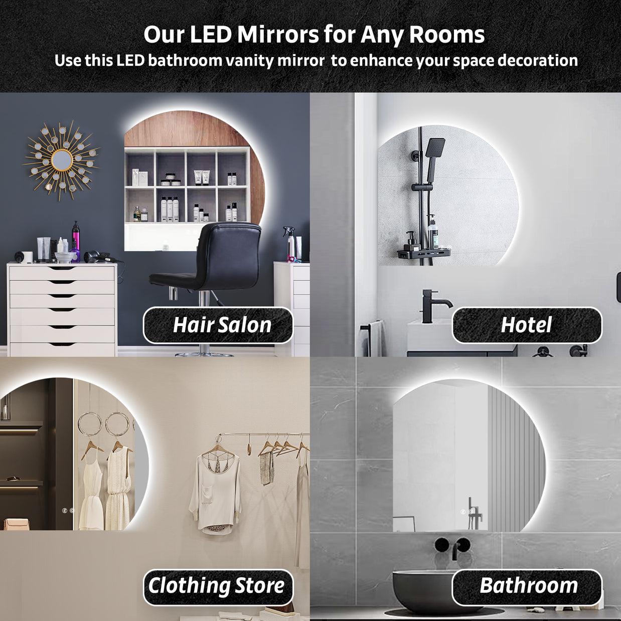YULIKA Wall Mounted Dimmable Semicircular LED Mirror Anti-Fog Backlit Lighted Bathroom Vanity Mirror