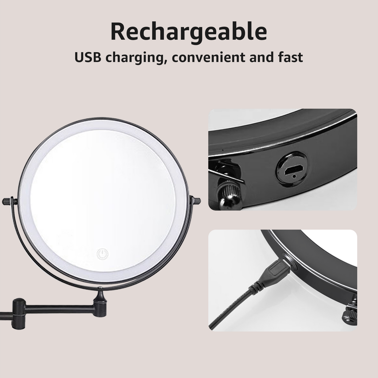 YULIKA Round LED Metal Wall Mirror with 10x Magnification & Charging Function ¨C Makeup Mirror