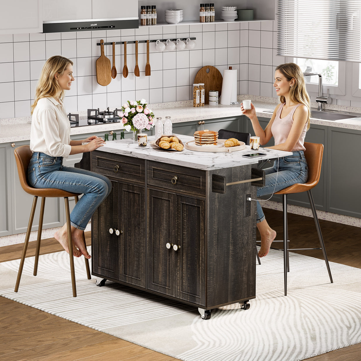 Farmhouse Rolling Kitchen Island with Drop-Leaf & Power Outlet