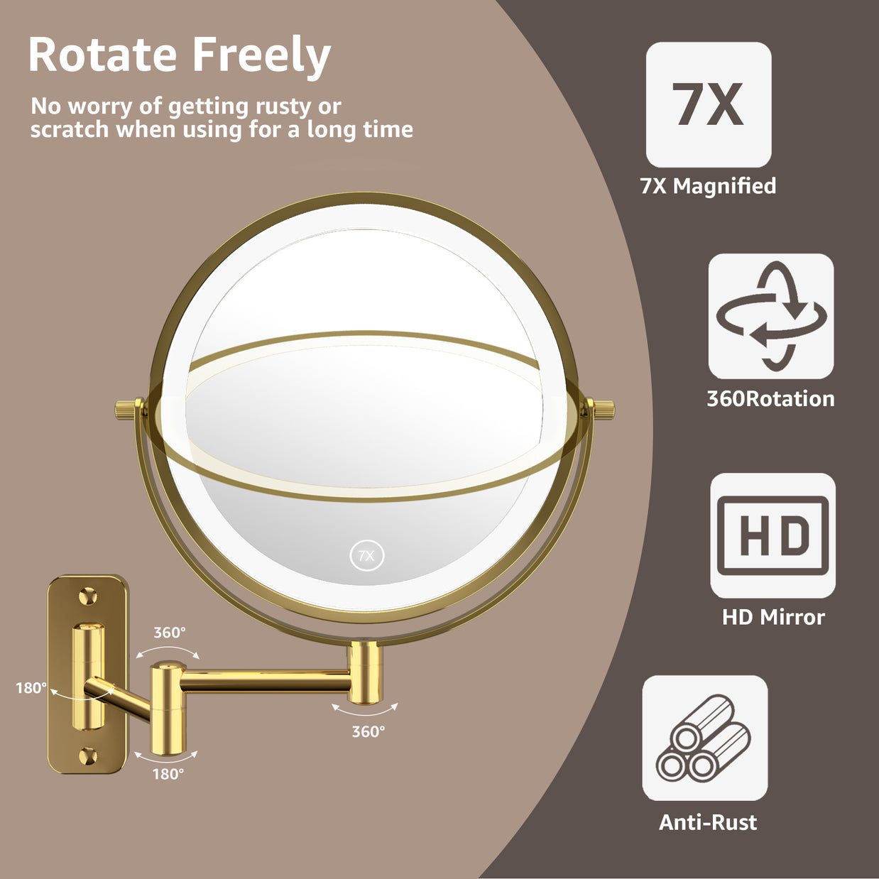 YULIKA Round Led Metal Wall Mirror 10x Magnification Makeup Mirror, Plug-In