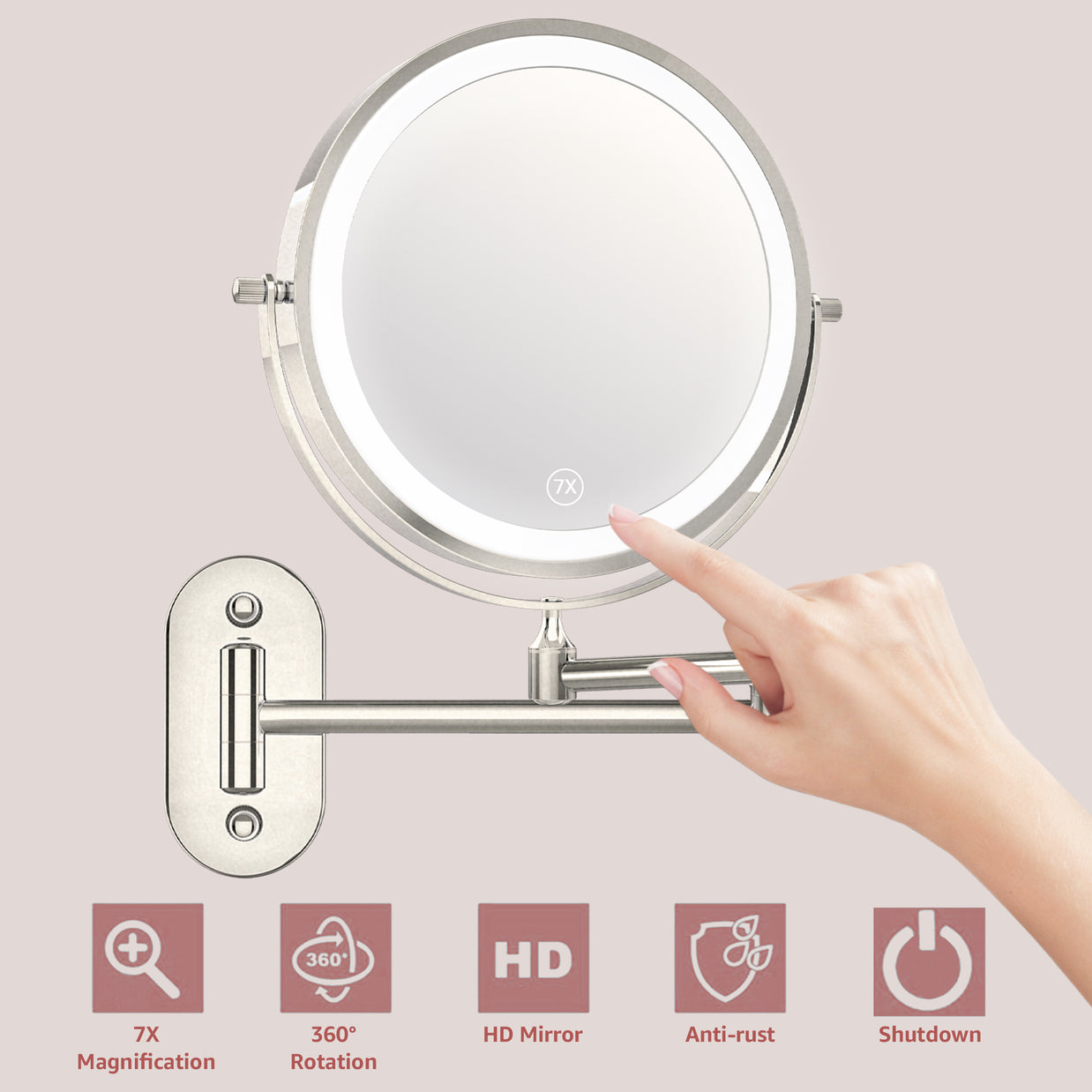 YULIKA Round LED Metal Wall Mirror with 10x Magnification & Charging Function ¨C Makeup Mirror