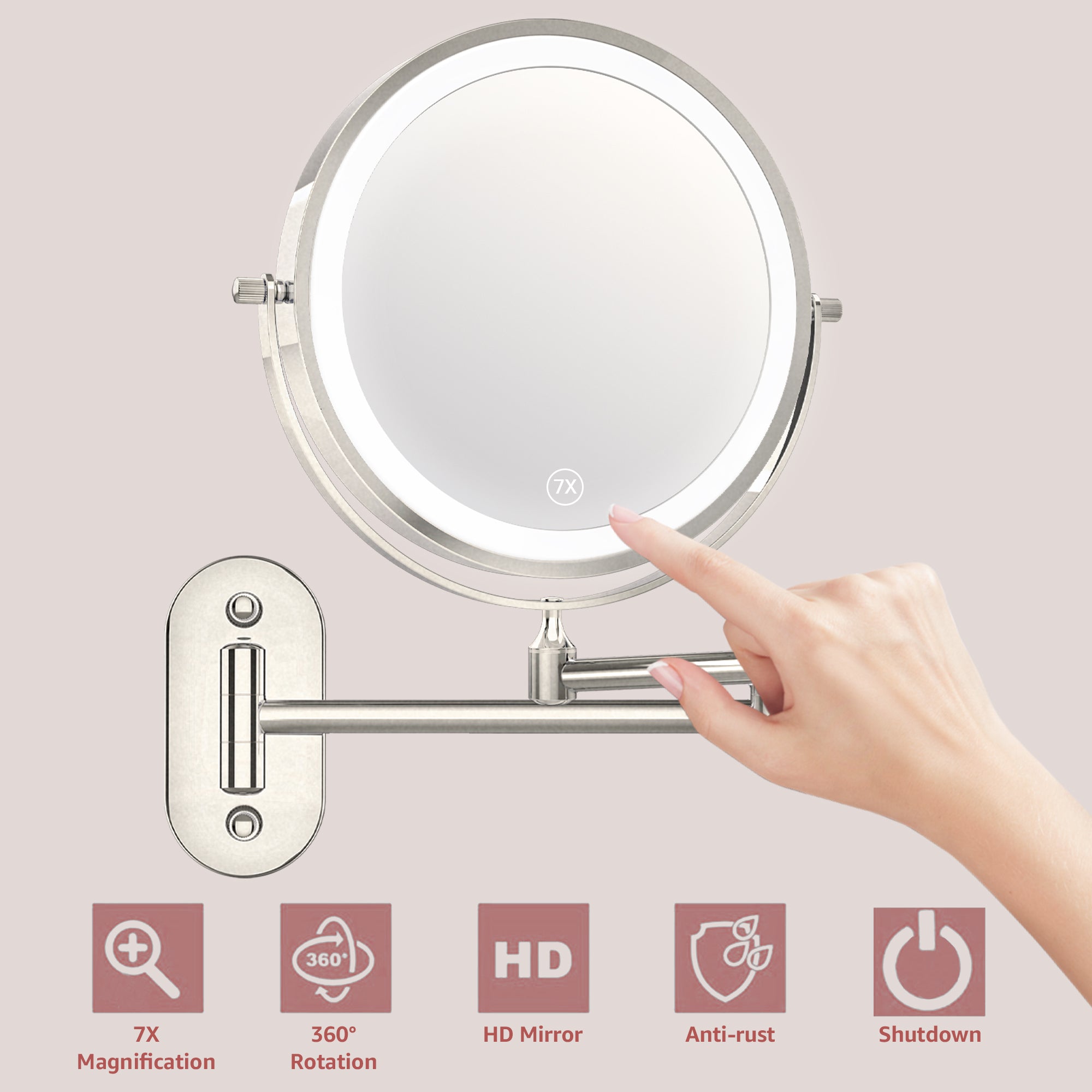 YULIKA Round LED Metal Wall Mirror with 10x Magnification & Charging Function ¨C Makeup Mirror