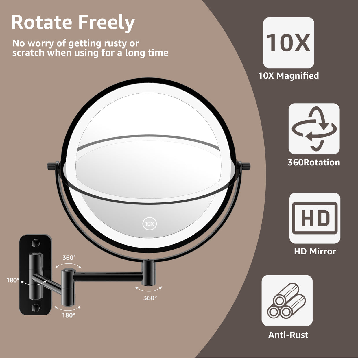 YULIKA Round Led Metal Wall Mirror 10x Magnification Makeup Mirror, Plug-In