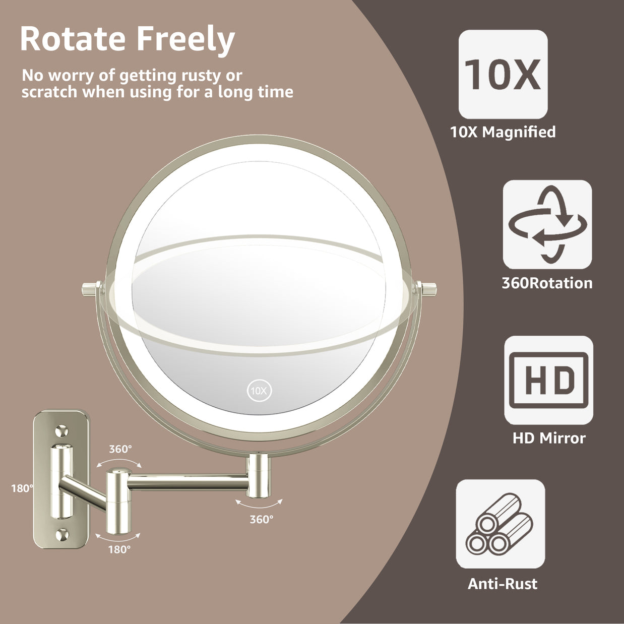 YULIKA Round Led Metal Wall Mirror 10x Magnification Makeup Mirror, Plug-In