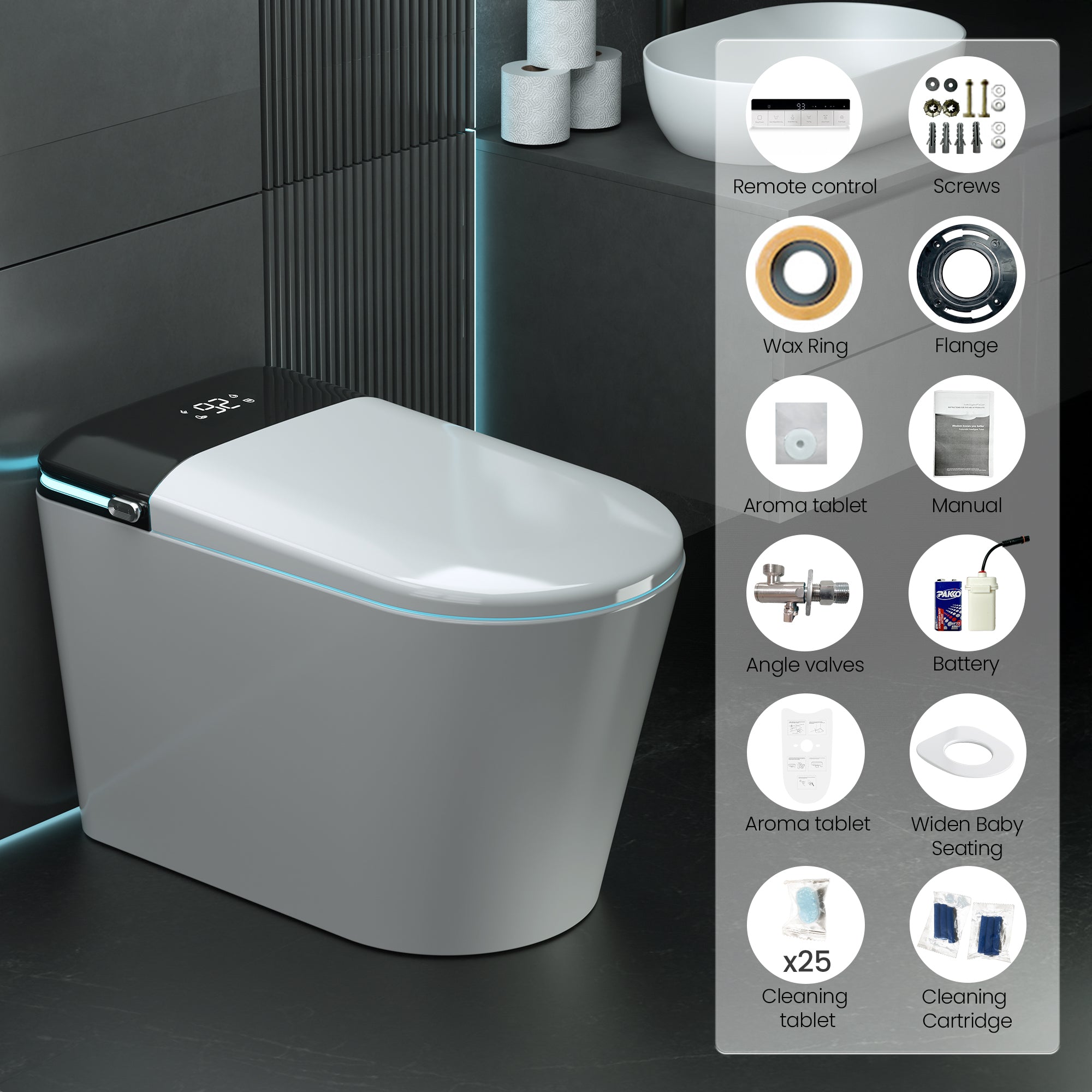 YULIKA U7 Elongated Smart Bidet Toilet, 1.28 GPF Dual Flush with Heated Seat, Foam Shield, Auto Open/Close, Warm Water and Air Dryer – White