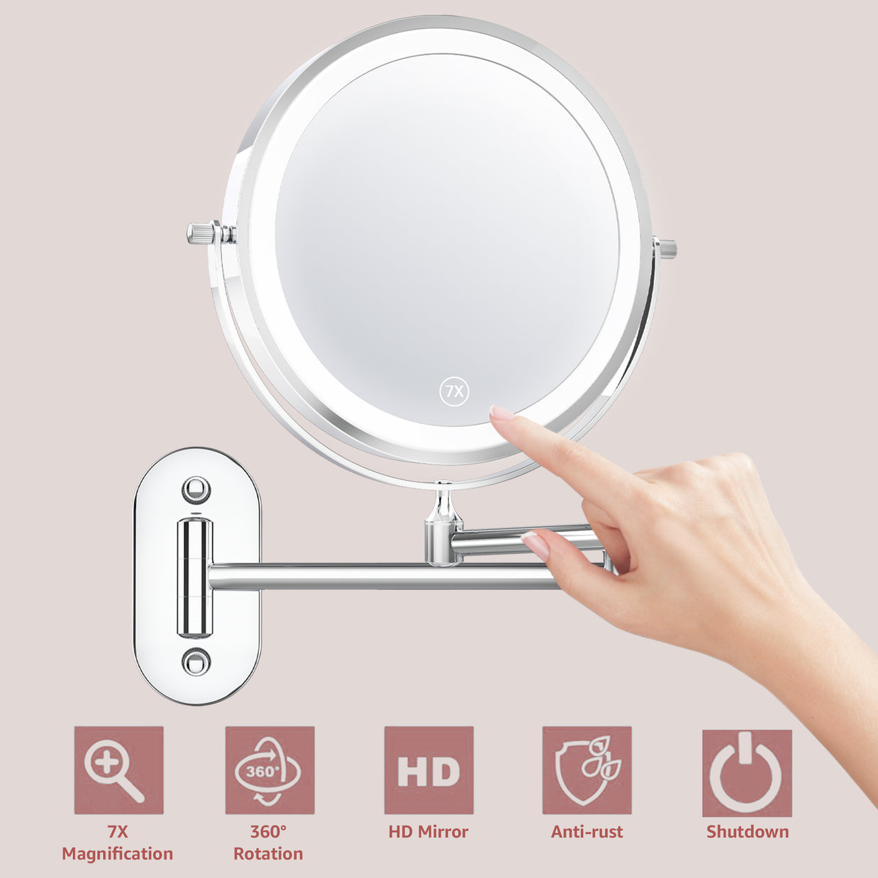 YULIKA Round LED Metal Wall Mirror with 10x Magnification & Charging Function ¨C Makeup Mirror