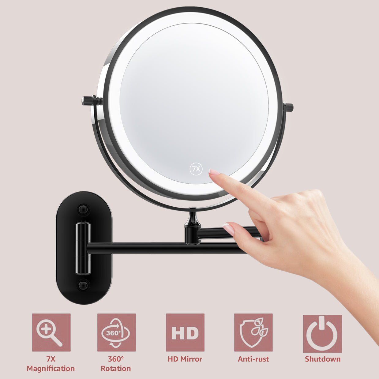 YULIKA Round LED Metal Wall Mirror with 10x Magnification & Charging Function ¨C Makeup Mirror