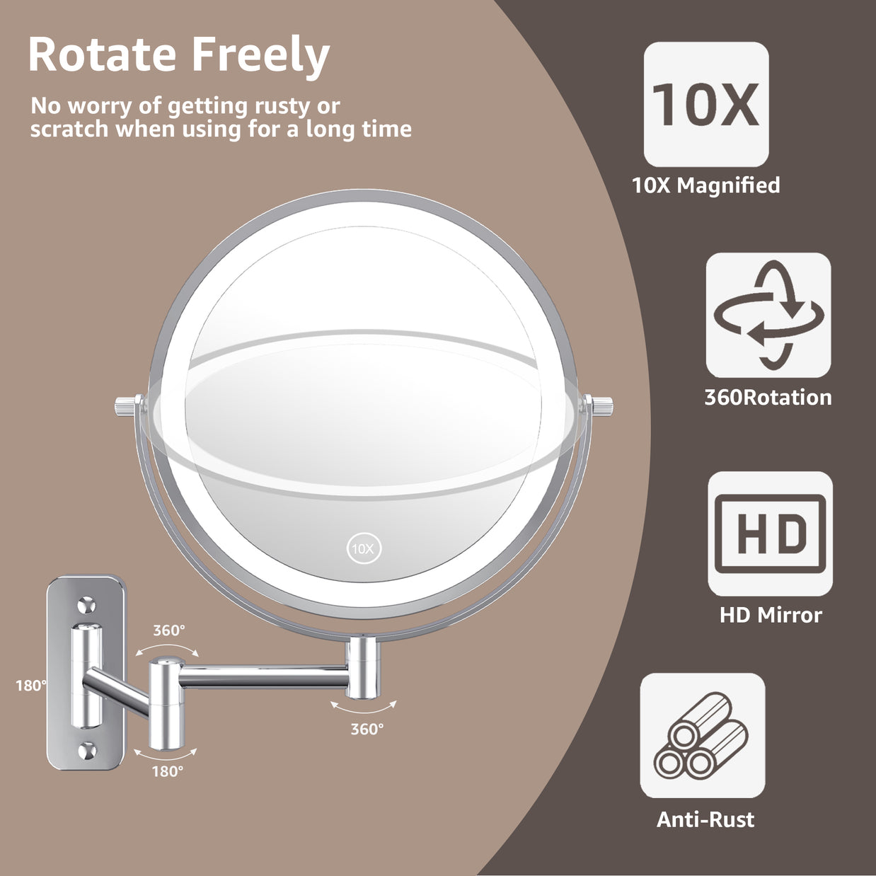 YULIKA Round Led Metal Wall Mirror 10x Magnification Makeup Mirror, Plug-In