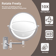 YULIKA Round Led Metal Wall Mirror 10x Magnification Makeup Mirror, Plug-In