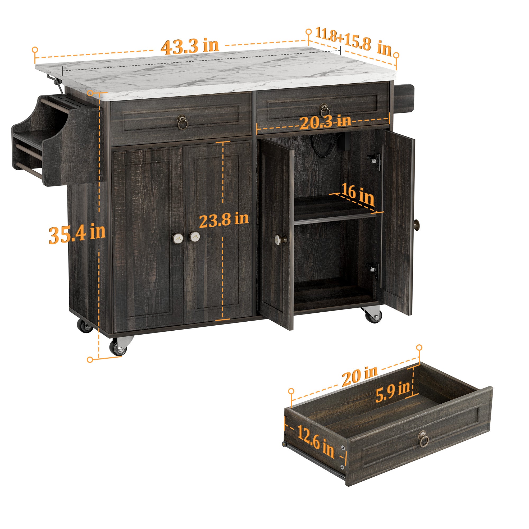 Farmhouse Rolling Kitchen Island with Drop-Leaf & Power Outlet