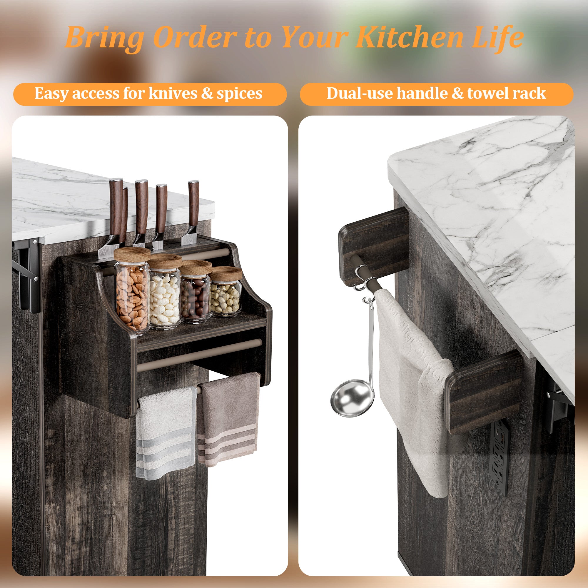 Farmhouse Rolling Kitchen Island with Drop-Leaf & Power Outlet