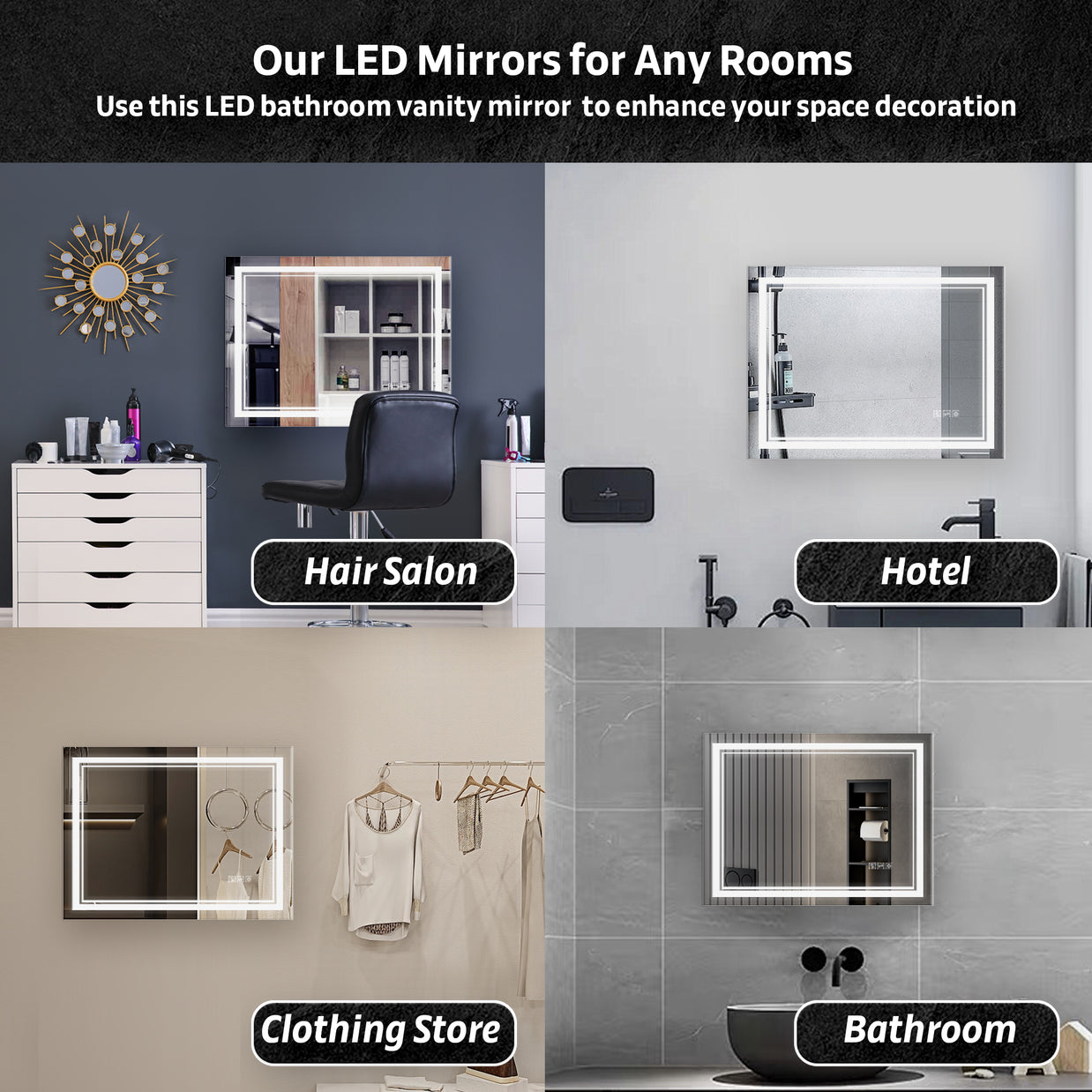 YULIKA Front Light and Backlit Mirror Rectangular Frameless Anti-Fog Lighted Wall Bathroom Vanity Mirror