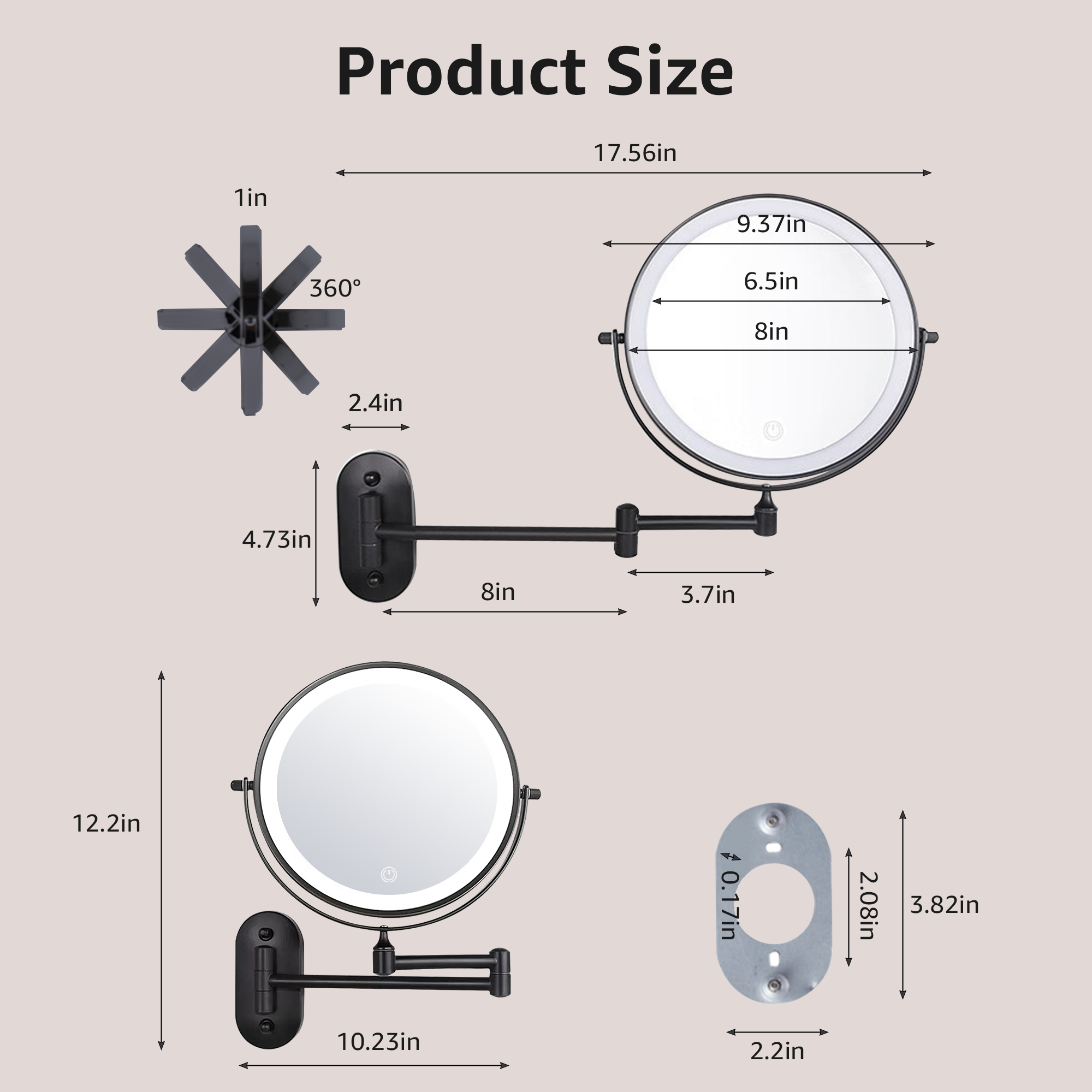 YULIKA Round LED Metal Wall Mirror with 10x Magnification & Charging Function ¨C Makeup Mirror
