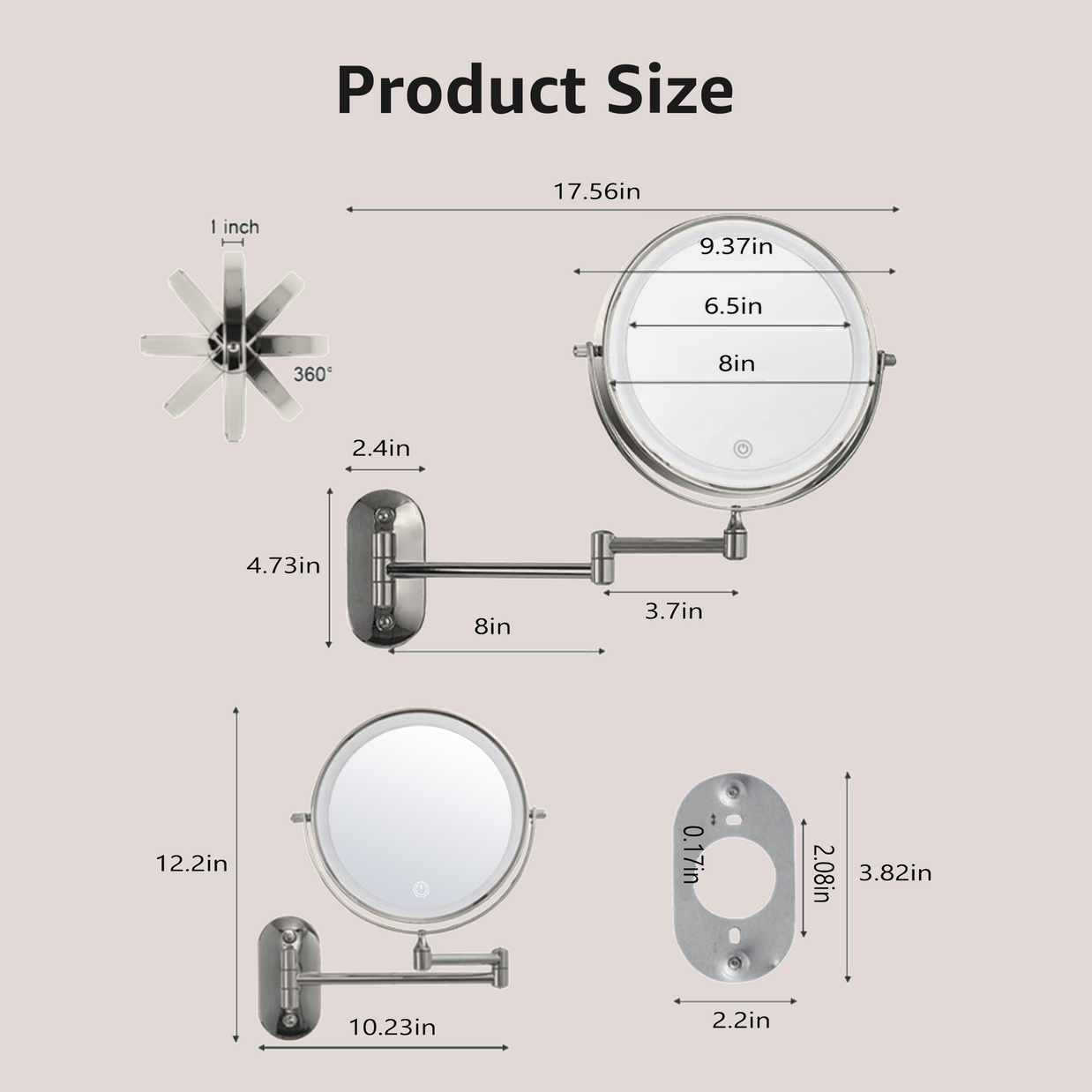 YULIKA Round LED Metal Wall Mirror with 10x Magnification & Charging Function ¨C Makeup Mirror