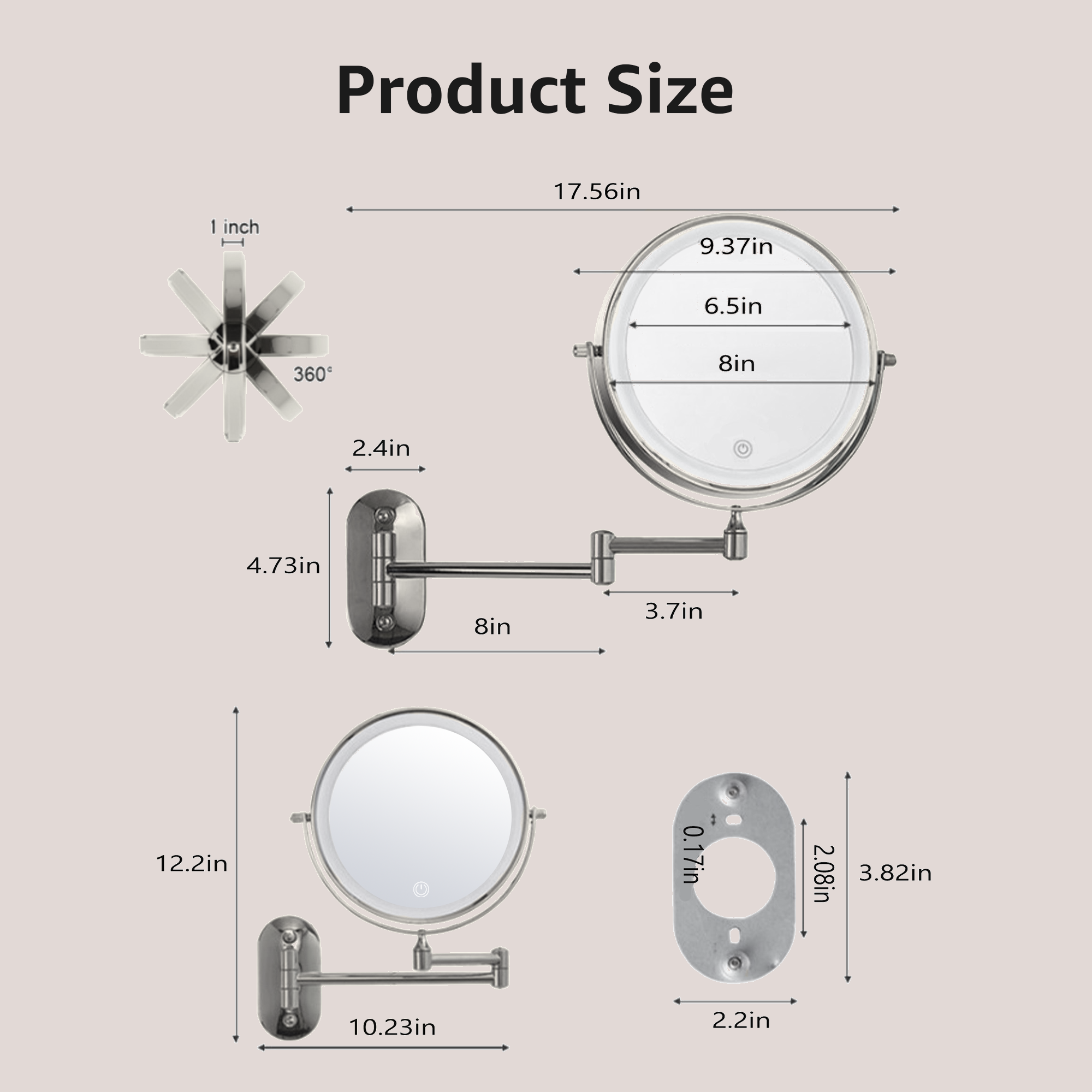 YULIKA Round LED Metal Wall Mirror with 10x Magnification & Charging Function ¨C Makeup Mirror