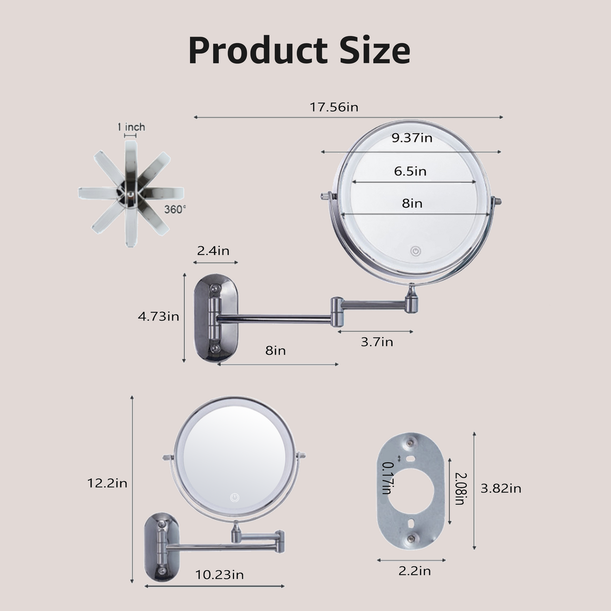 YULIKA Round LED Metal Wall Mirror with 10x Magnification & Charging Function ¨C Makeup Mirror